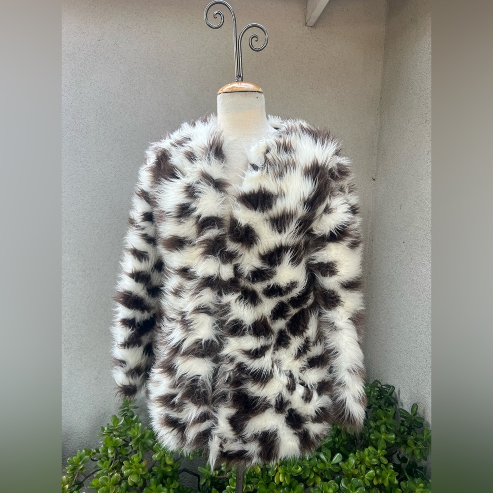Vintage 80s faux fur jacket brown white animal print Sz Xs/S by Lillie Rubin.